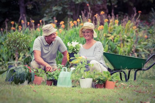 Landscaping team preparing equipment with safety focus